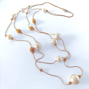 Vintage Faux Pearl Gold Coil Beehive Beaded Necklace